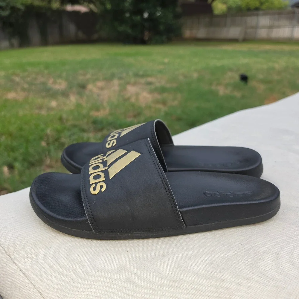 Adidas Adilette Shower Slides Black Gold Metallic Logo Sandals B41742 Mens 7